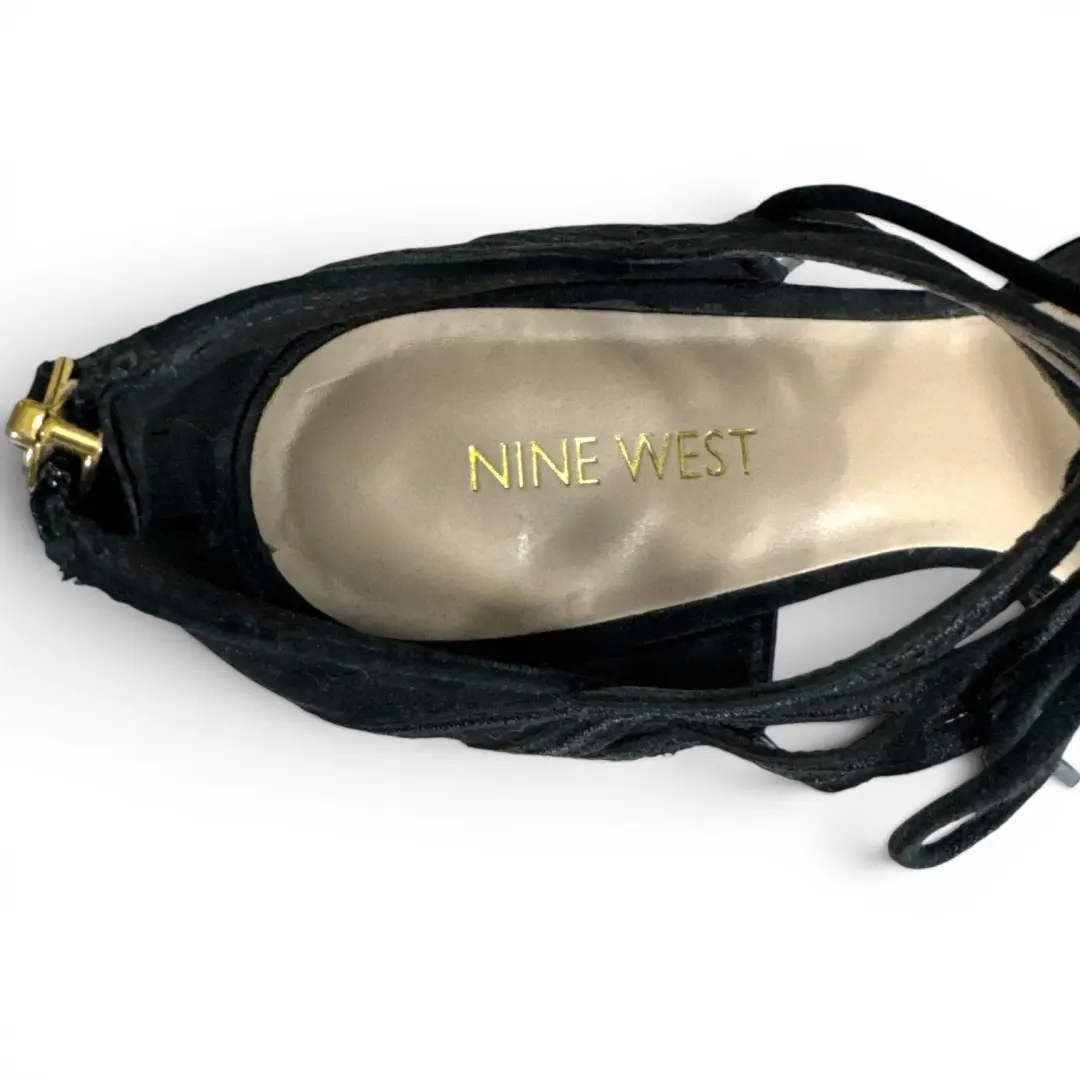 Nine West 女式黑色麂皮绒尖头系带高跟鞋 8.5 码二手状况完好-