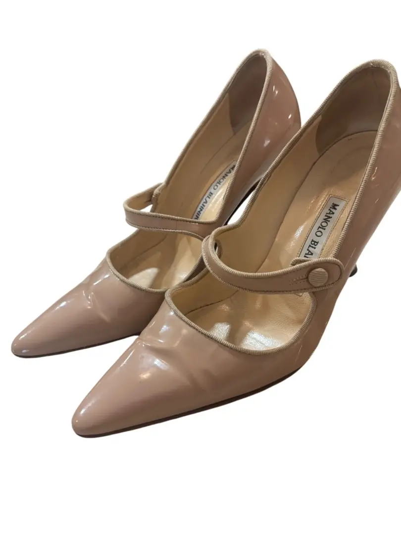 Manolo Blahnik Campari 36 裸色漆皮 Mary Jane 尖头高跟鞋-