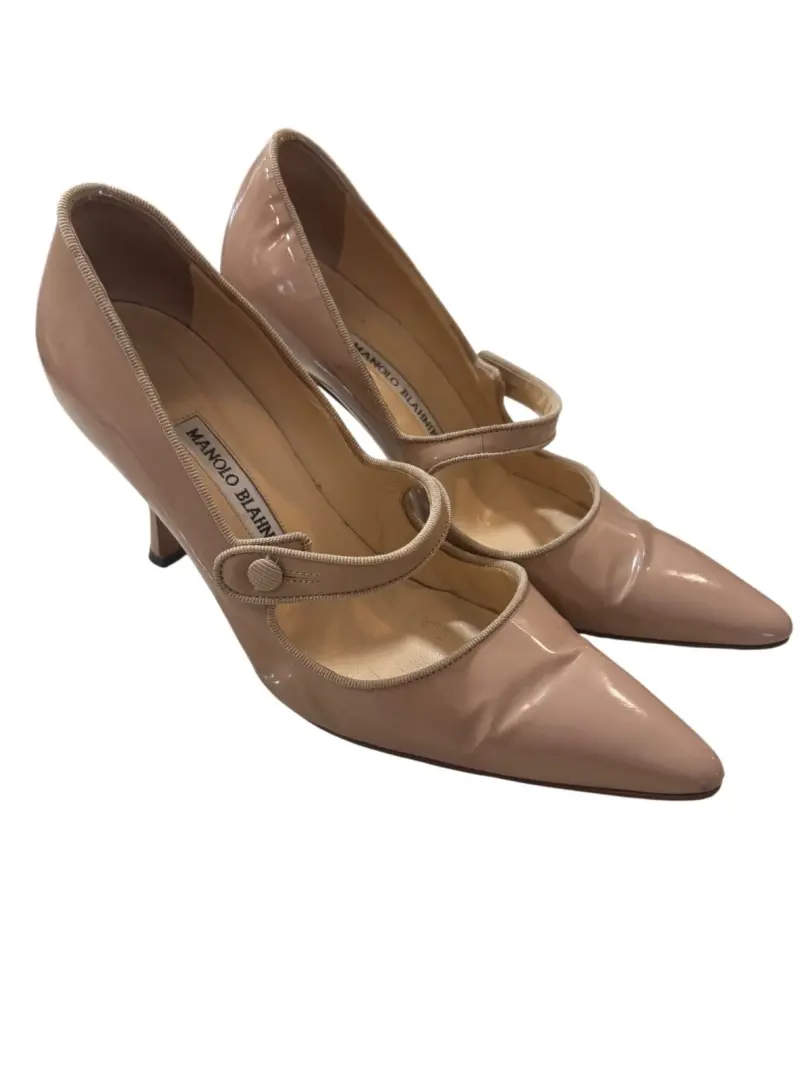 Manolo Blahnik Campari 36 裸色漆皮 Mary Jane 尖头高跟鞋-
