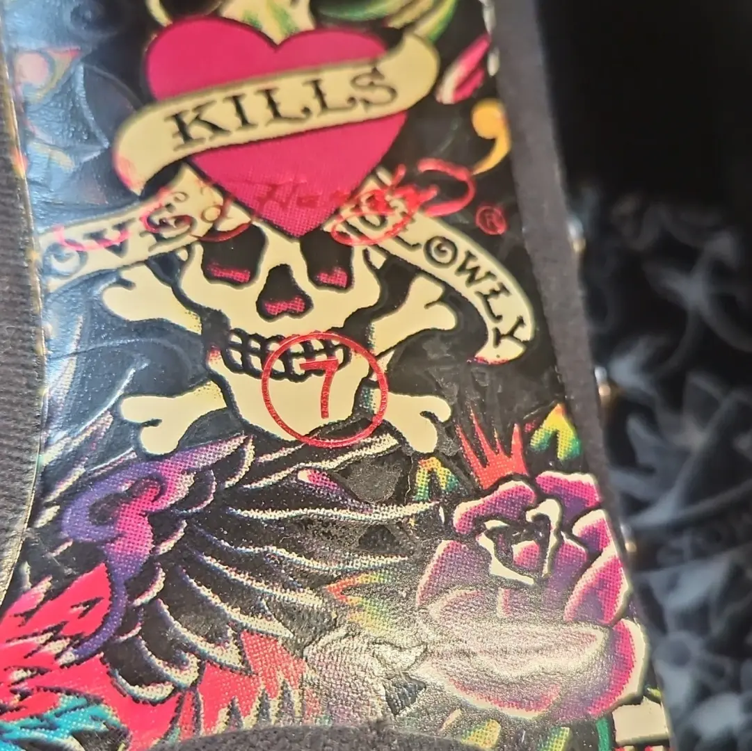 复古 Ed Hardy 7 黑色织物镶嵌厚底懒人露趾女式高跟鞋-