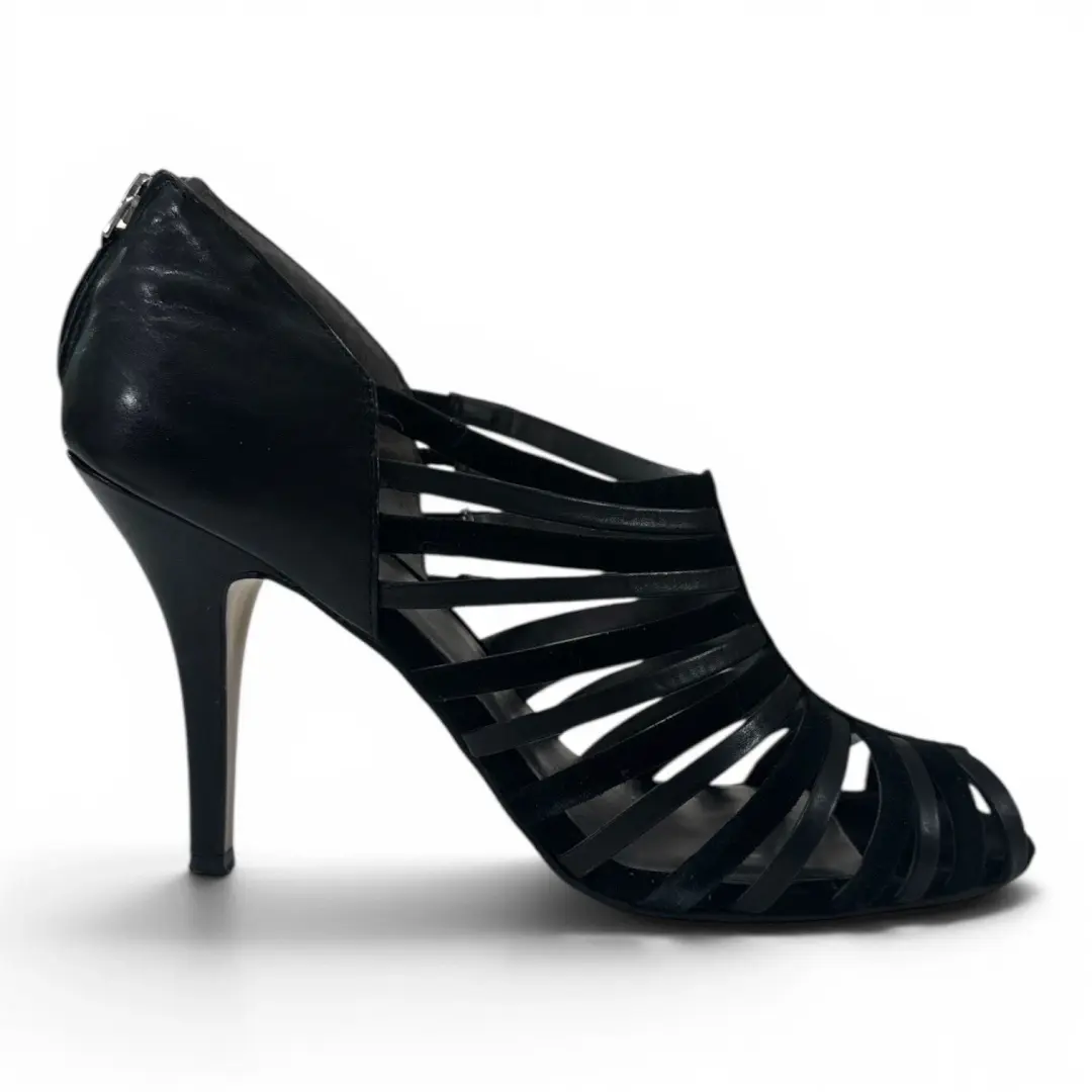 Nine West Rosemary 黑色皮革麂皮绒笼绑带高跟鞋女式 10M-