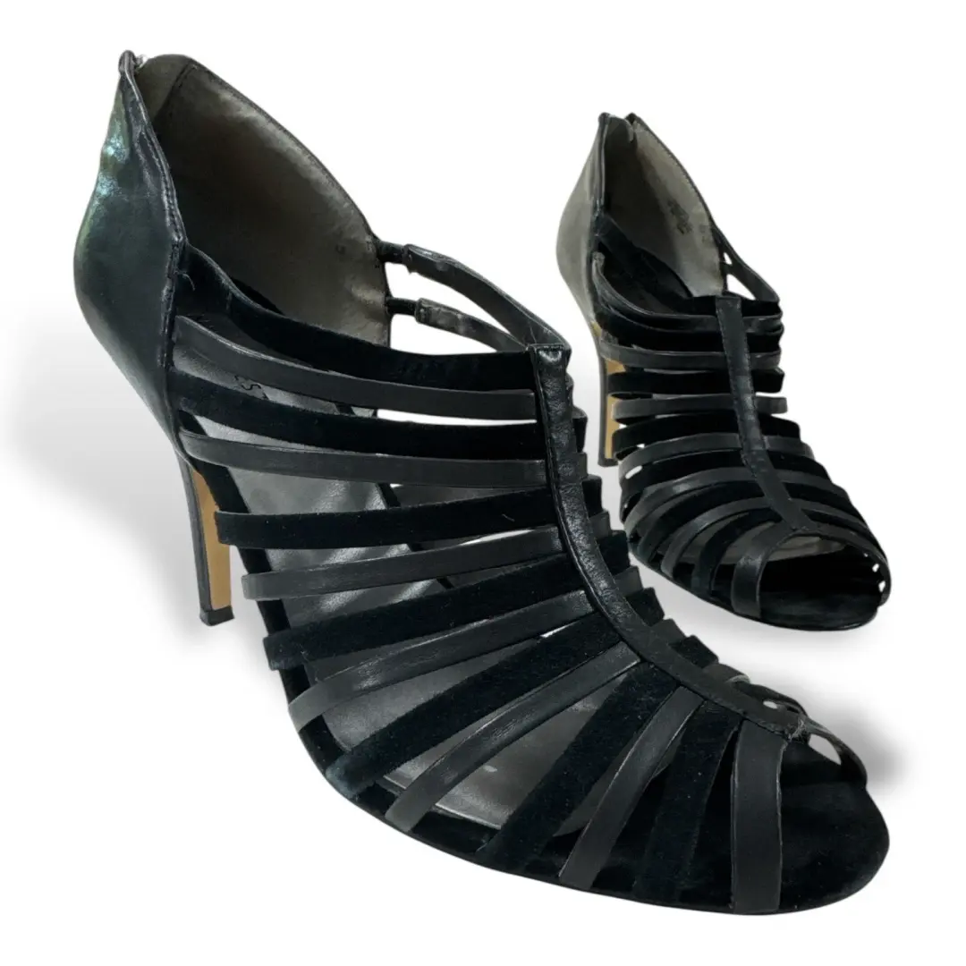 Nine West Rosemary 黑色皮革麂皮绒笼绑带高跟鞋女式 10M-