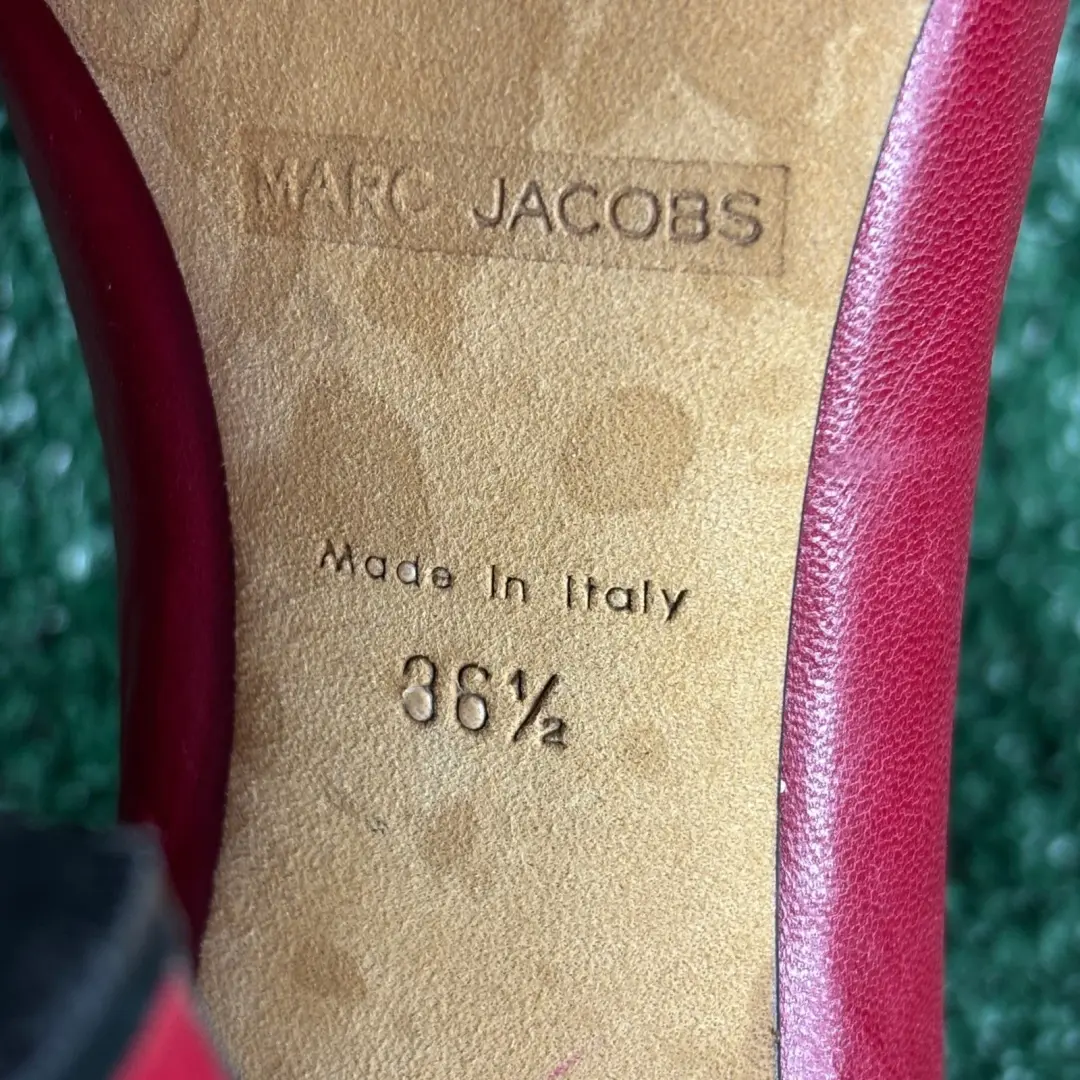 Marc Jacobs 蝴蝶结露趾皮革丝带经典高跟鞋红色黑色女式 6.5 码-