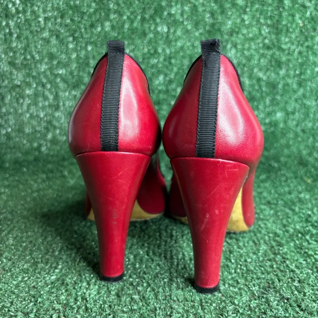 Marc Jacobs 蝴蝶结露趾皮革丝带经典高跟鞋红色黑色女式 6.5 码-