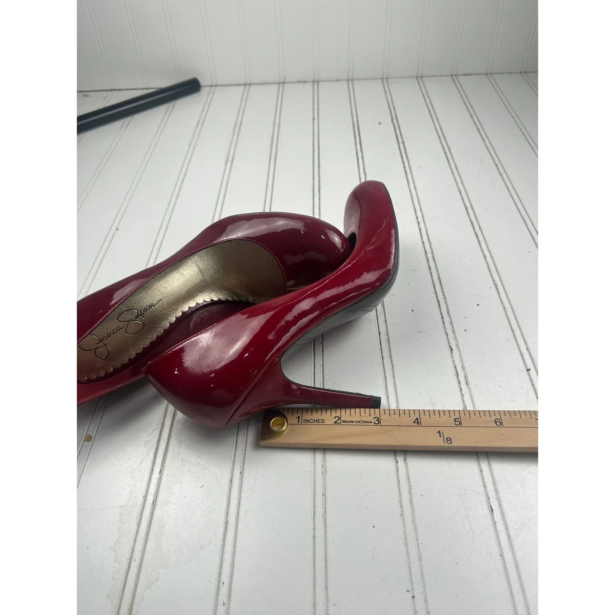 Jessica Simpson 女式红色漆皮圆头皮革高跟鞋 7.5 码-