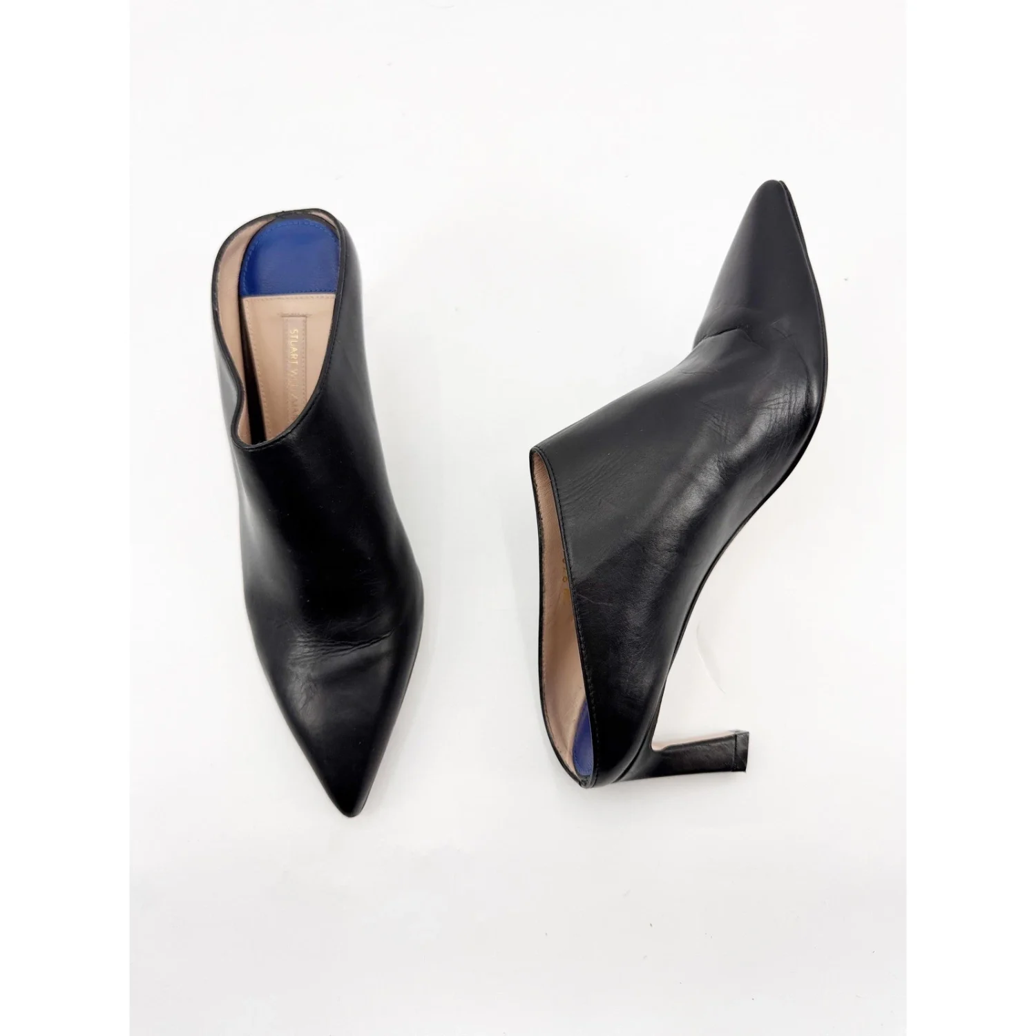 Stuart Weitzman Mira Napa 黑色皮革尖头穆勒鞋 尺寸 7 M 西班牙-
