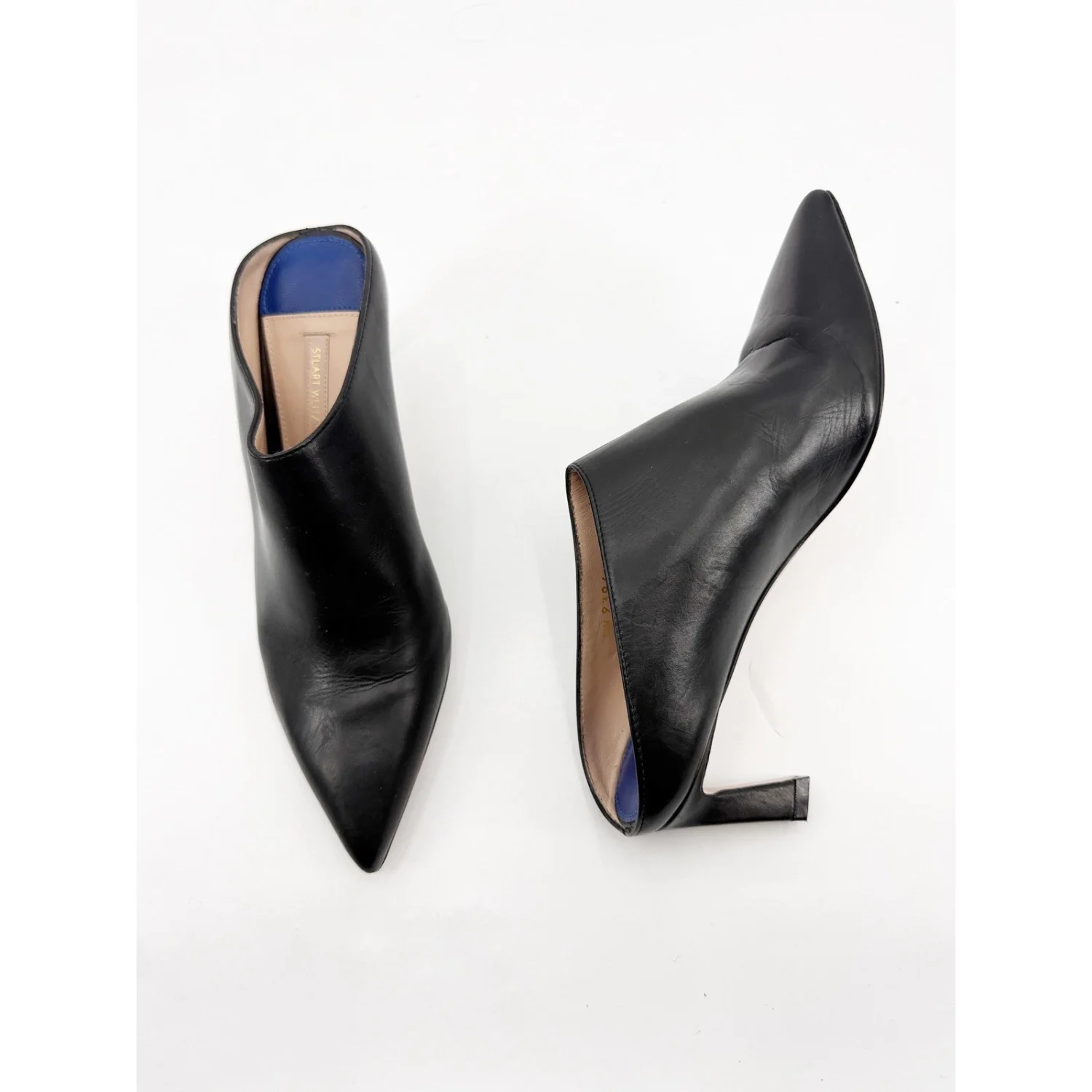 Stuart Weitzman Mira Napa 黑色皮革尖头穆勒鞋 尺寸 7 M 西班牙-