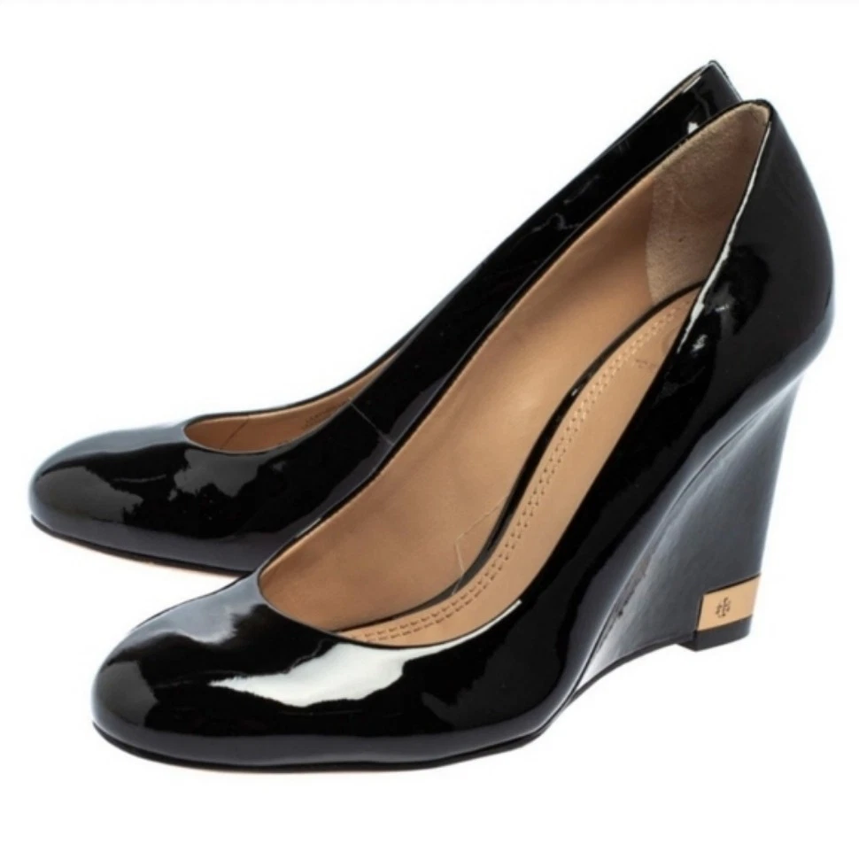 Tory Burch Astoria 黑色漆皮楔形高跟鞋 7.5 码-