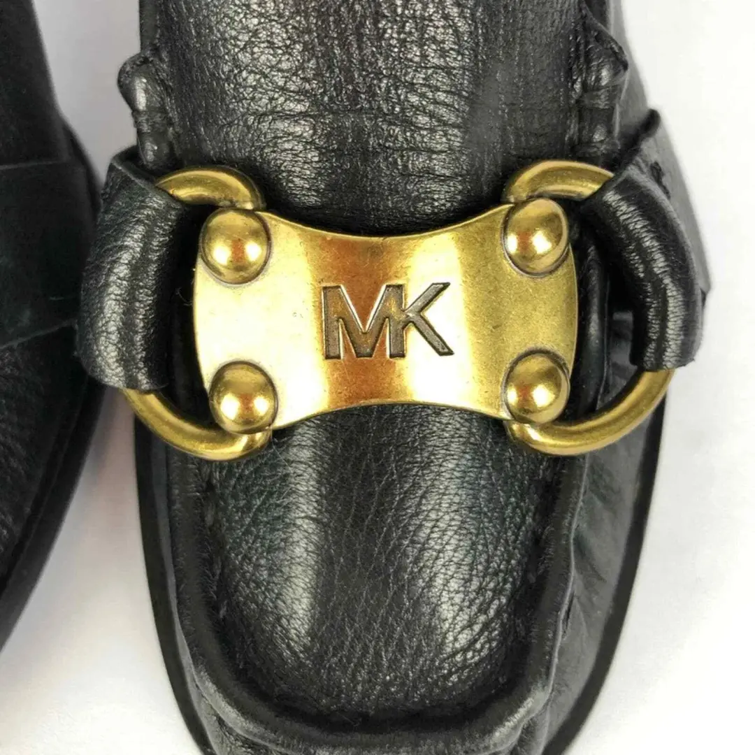 Michael Kors 黑色皮革木制堆叠楔形乐福鞋带黄铜五金 8.5-