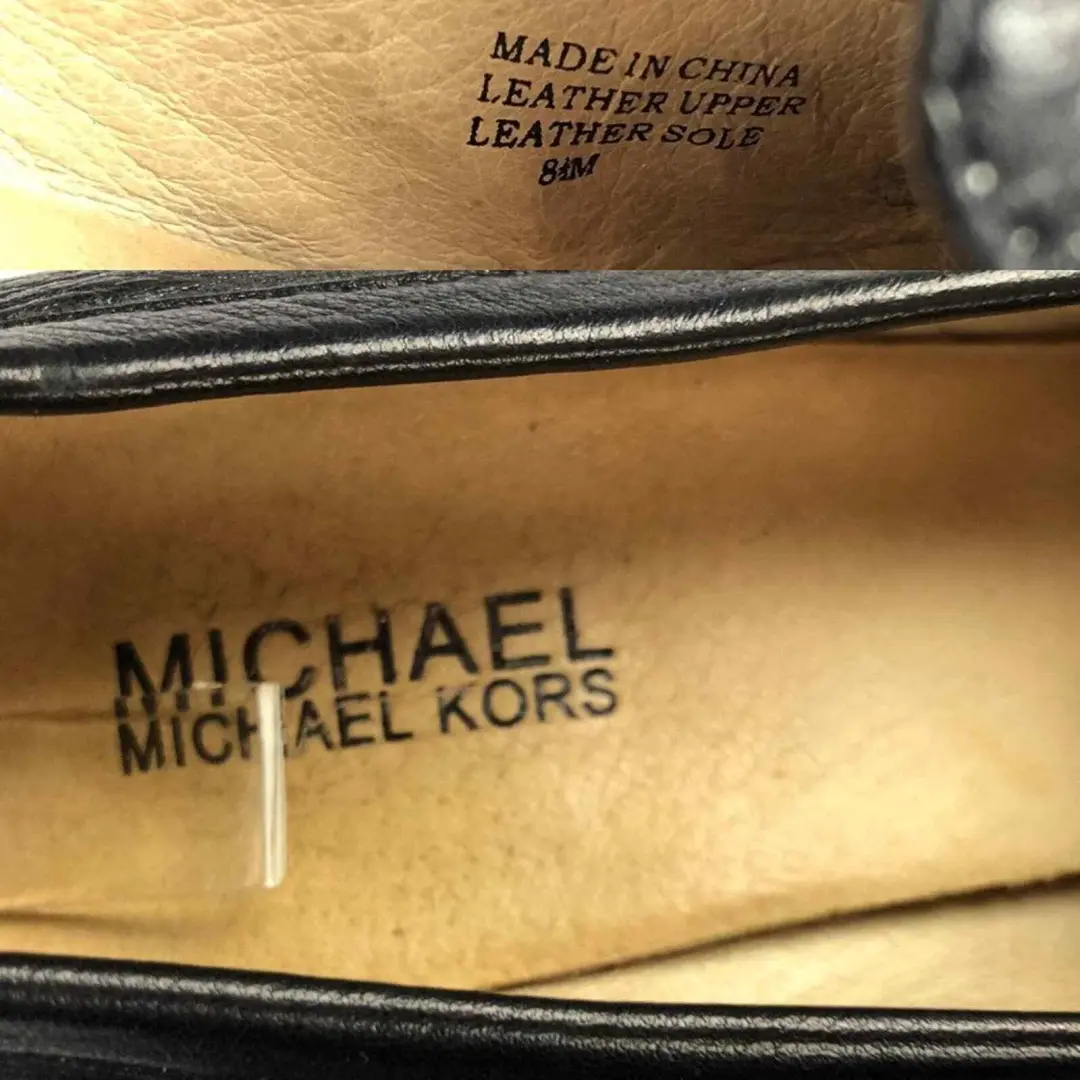 Michael Kors 黑色皮革木制堆叠楔形乐福鞋带黄铜五金 8.5-