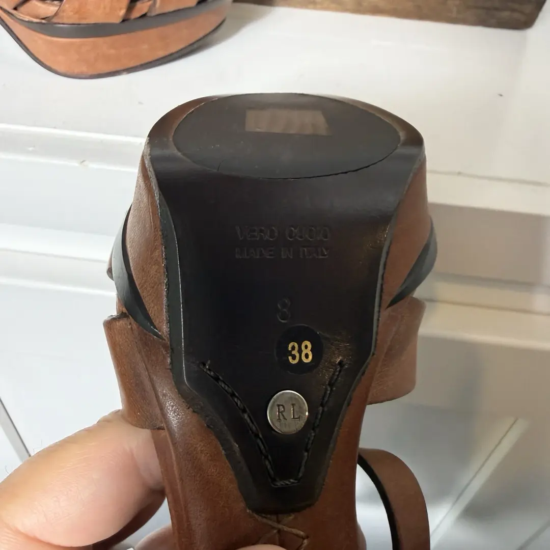 Ralph Lauren 紫色标签厚底凉鞋干邑棕色皮革高跟鞋 8 码-