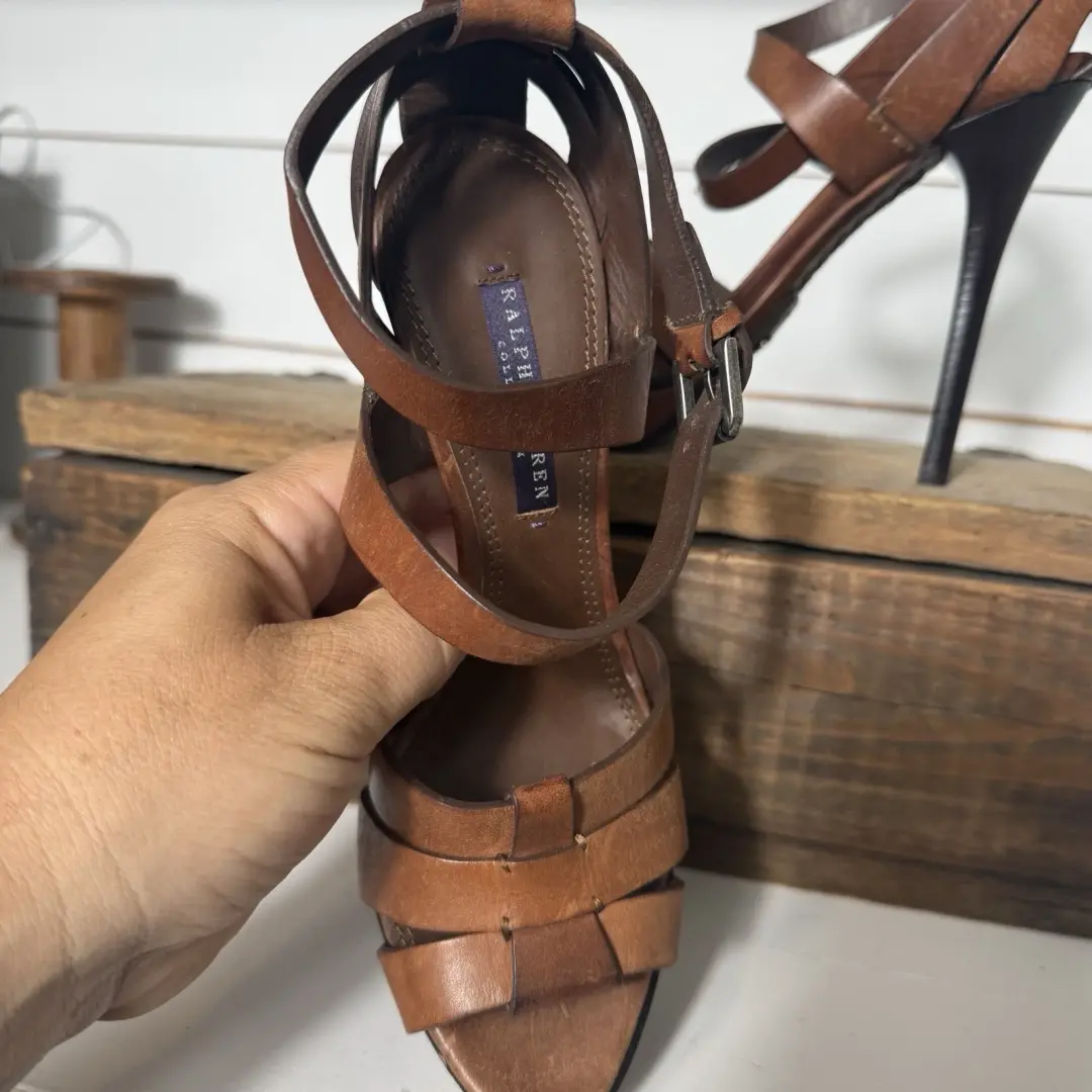 Ralph Lauren 紫色标签厚底凉鞋干邑棕色皮革高跟鞋 8 码-
