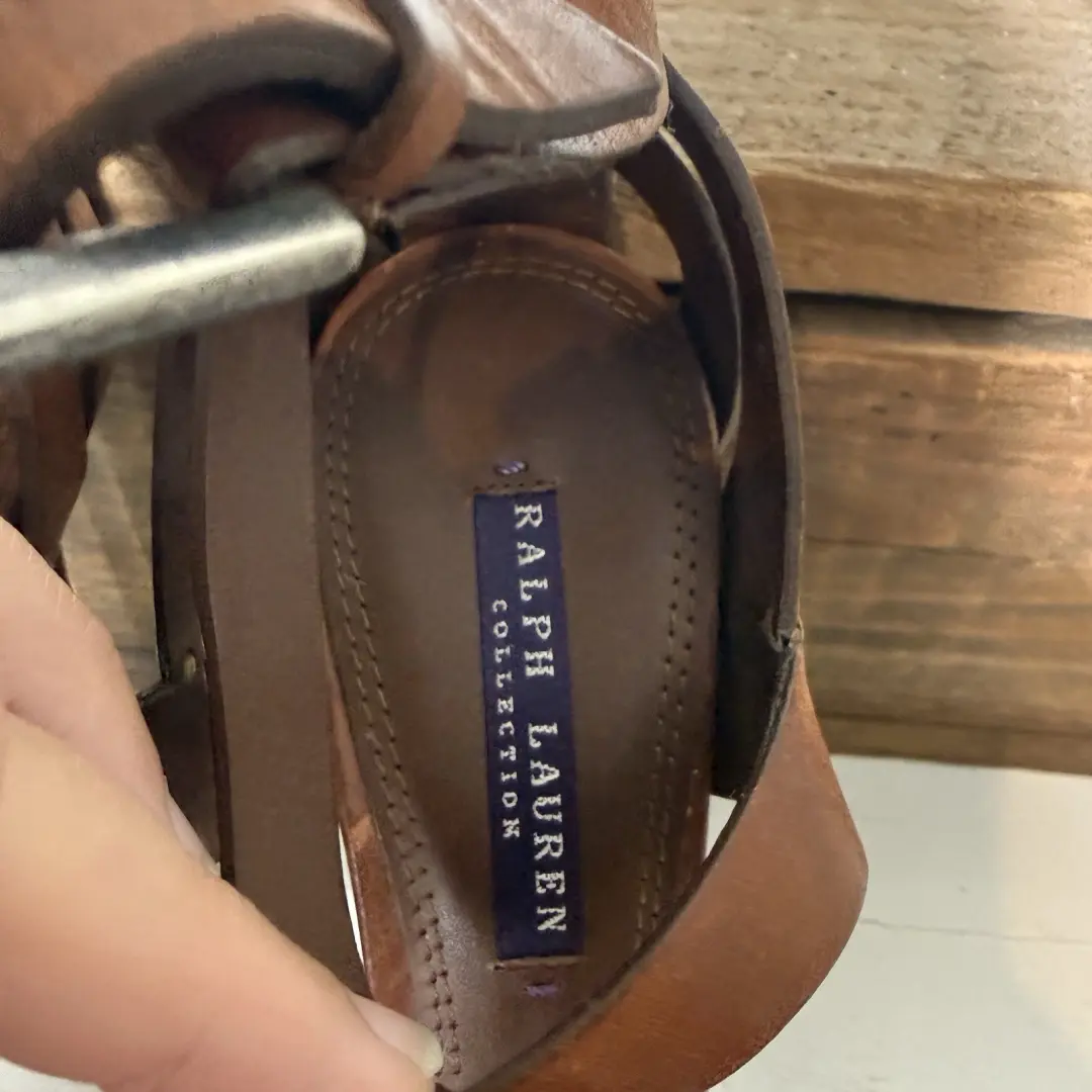 Ralph Lauren 紫色标签厚底凉鞋干邑棕色皮革高跟鞋 8 码-