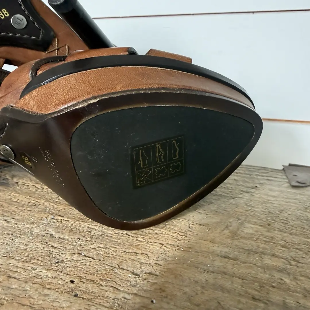 Ralph Lauren 紫色标签厚底凉鞋干邑棕色皮革高跟鞋 8 码-