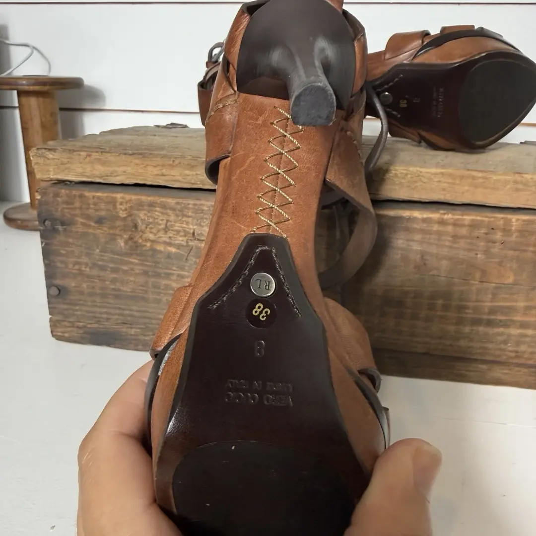Ralph Lauren 紫色标签厚底凉鞋干邑棕色皮革高跟鞋 8 码-
