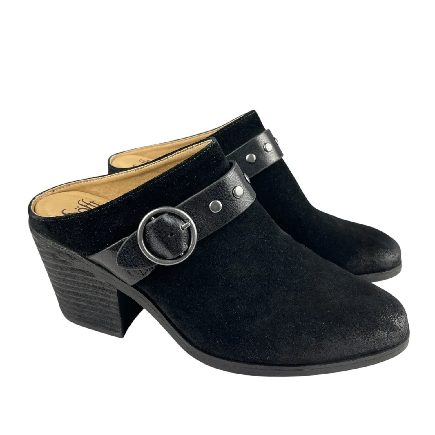 Sofft女式Clog Mules 11M黑色麂皮绒扣带粗跟懒人鞋-