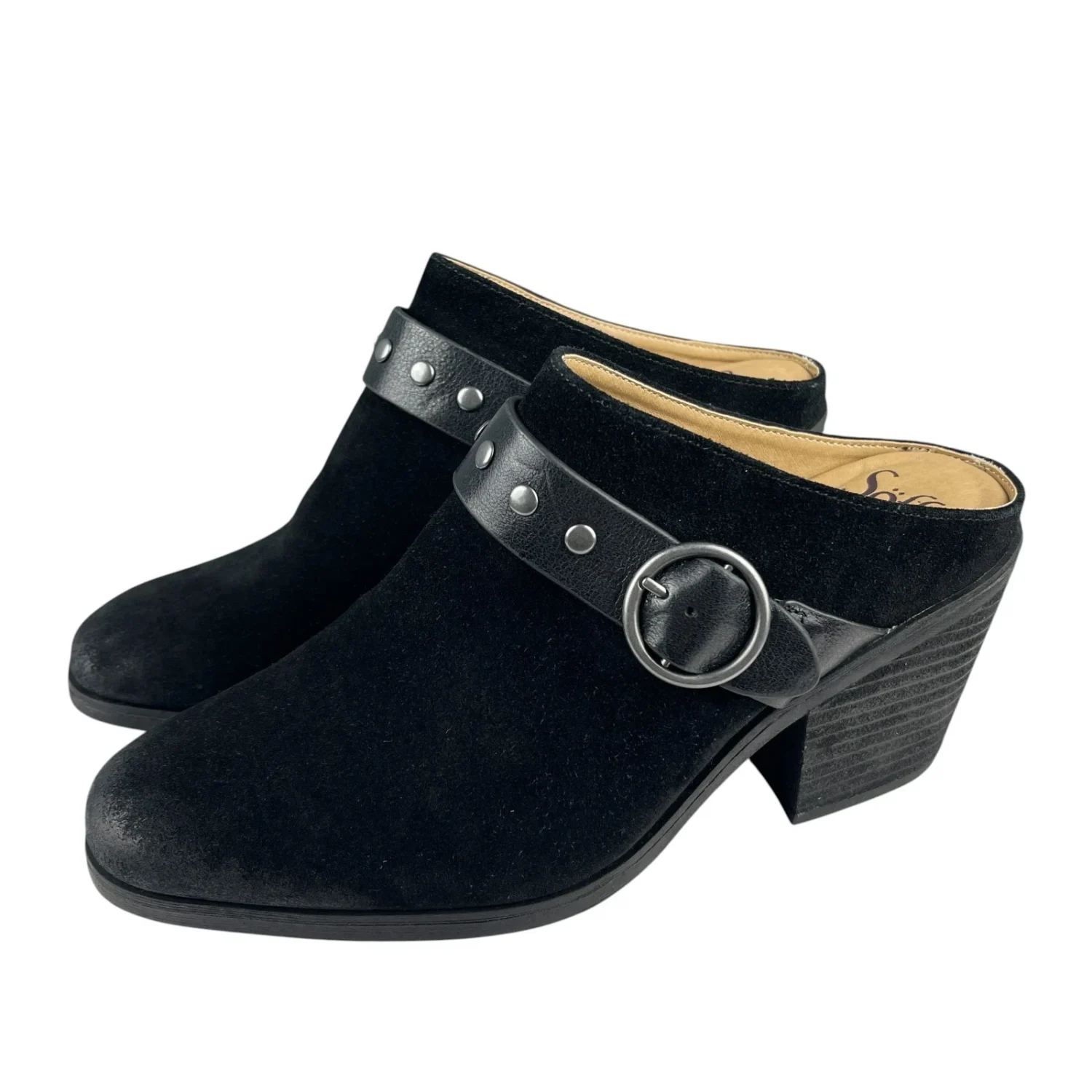 Sofft女式Clog Mules 11M黑色麂皮绒扣带粗跟懒人鞋-