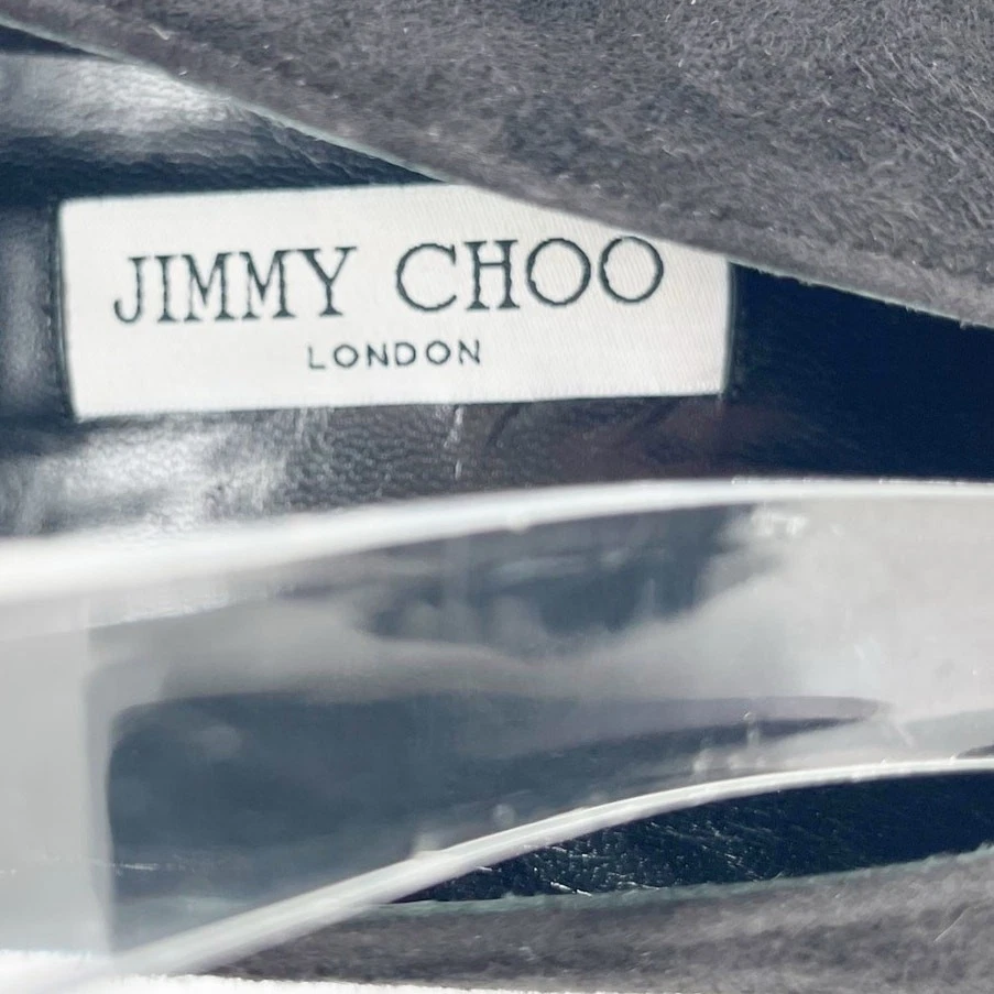 Jimmy Choo Lux 100 黑色麂皮绒金色水晶踝带吸血鬼短靴高跟鞋 IT 40-