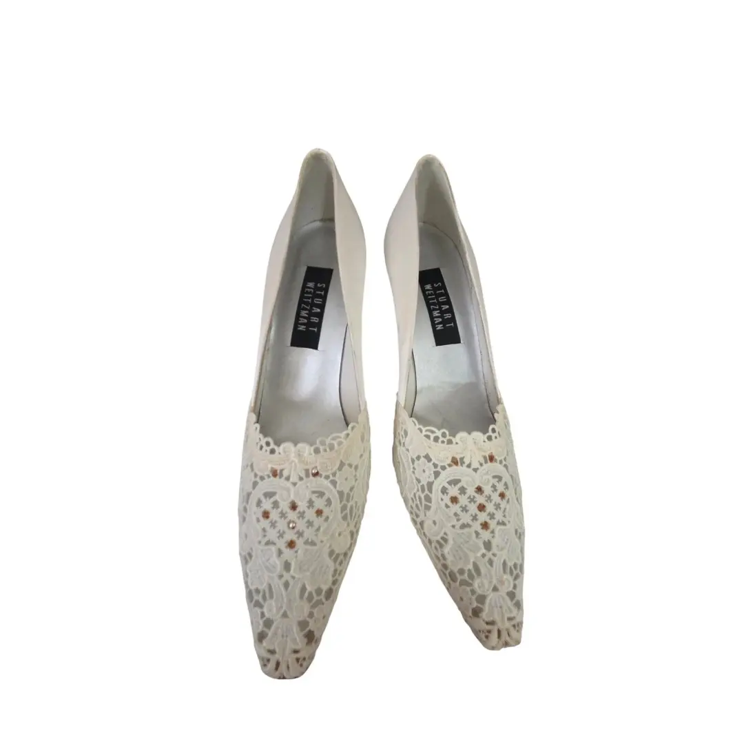 Stuart Weitzman 象牙色花边装饰尖头高跟鞋女式 8.5 码新娘-