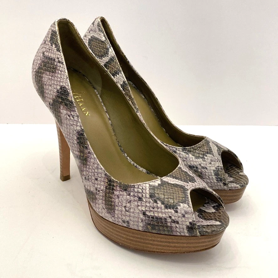 COLE HAAN 蛇纹印花皮革厚底露趾高跟鞋女式 8.5 B-