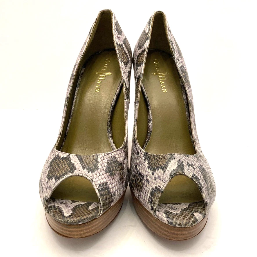 COLE HAAN 蛇纹印花皮革厚底露趾高跟鞋女式 8.5 B-