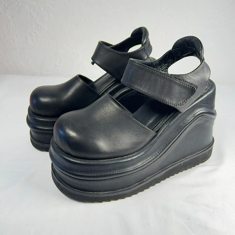 UNIF 黑色皮革波浪平台 尺寸 8 Chunky Goth 楔形 Mary Jane 90 年代钝头-