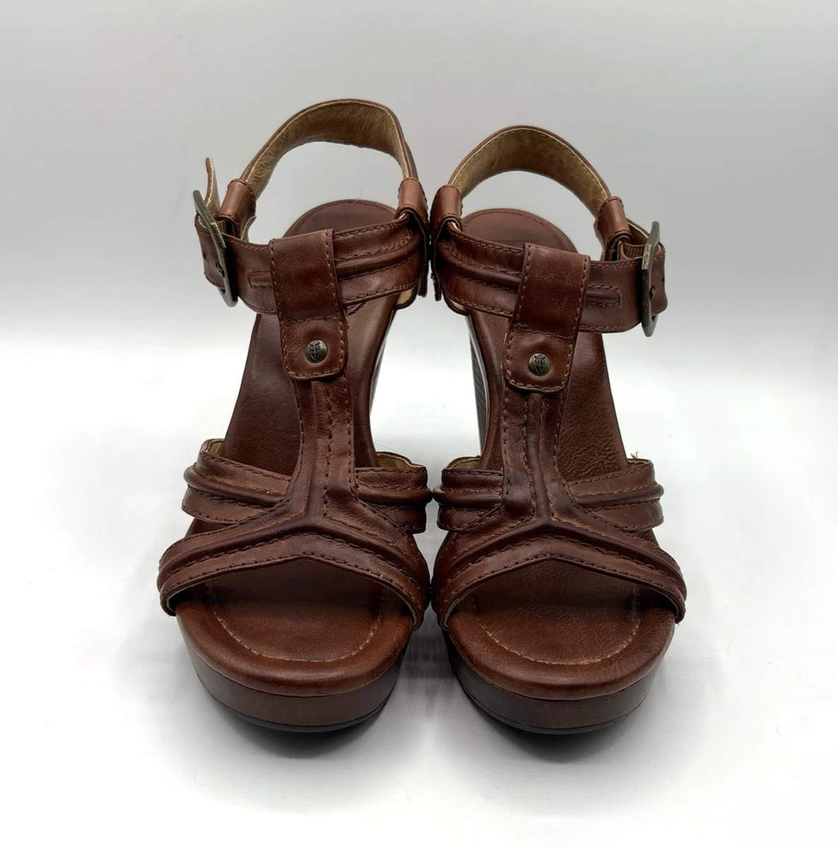 FRYE Sage Trapunto 高跟鞋女式 9 码棕色皮革厚底凉鞋-