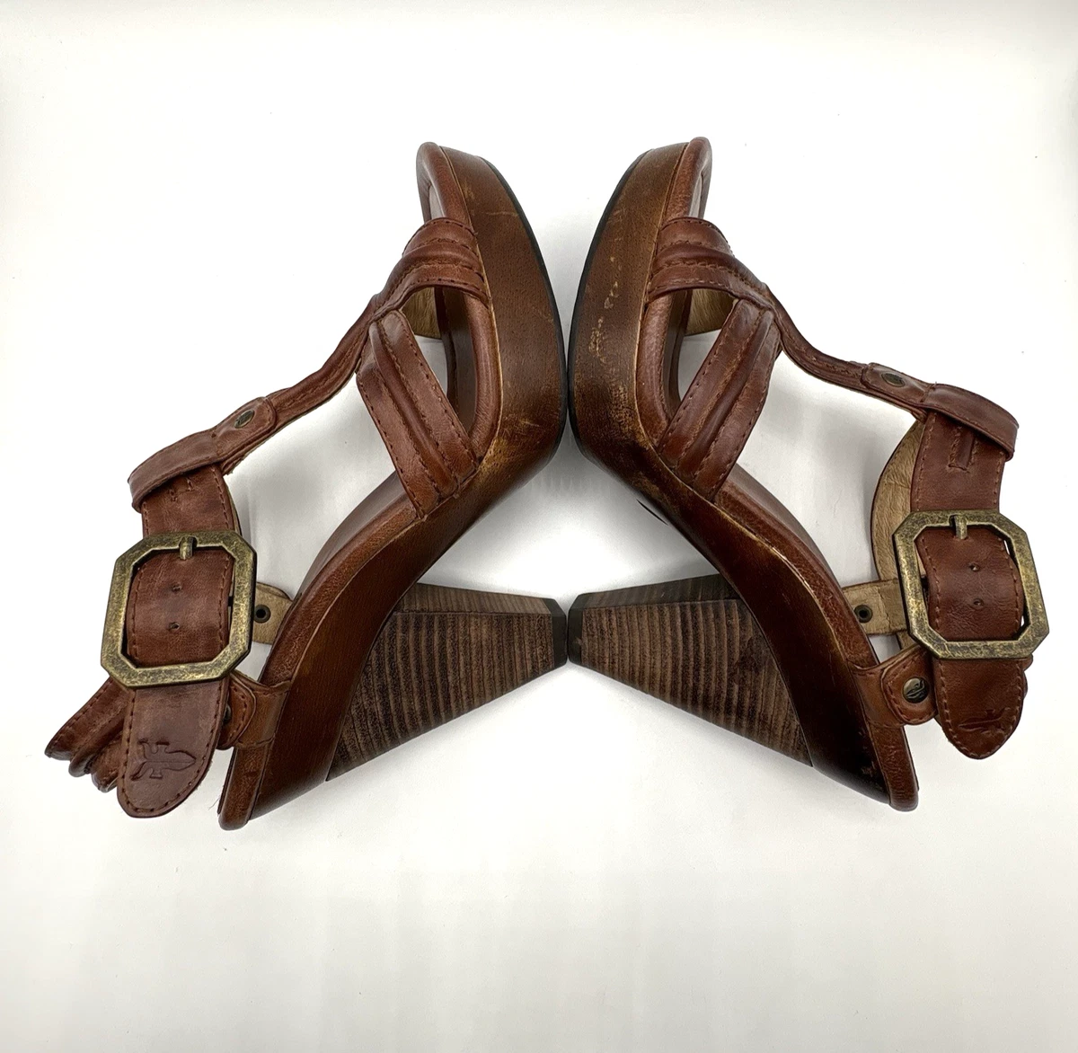 FRYE Sage Trapunto 高跟鞋女式 9 码棕色皮革厚底凉鞋-