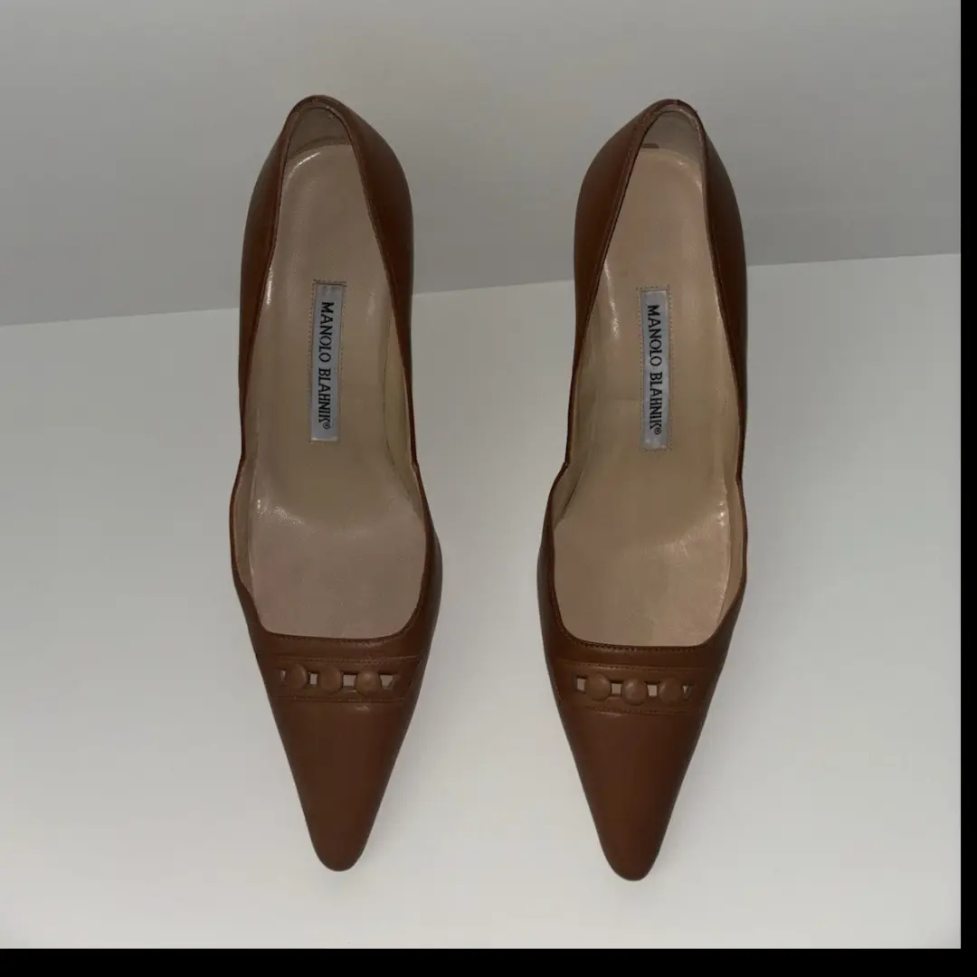 复古 Manolo Blahnik 乐福鞋高跟鞋皮革纽扣尖头 37.5 US 7.5 Y2K-