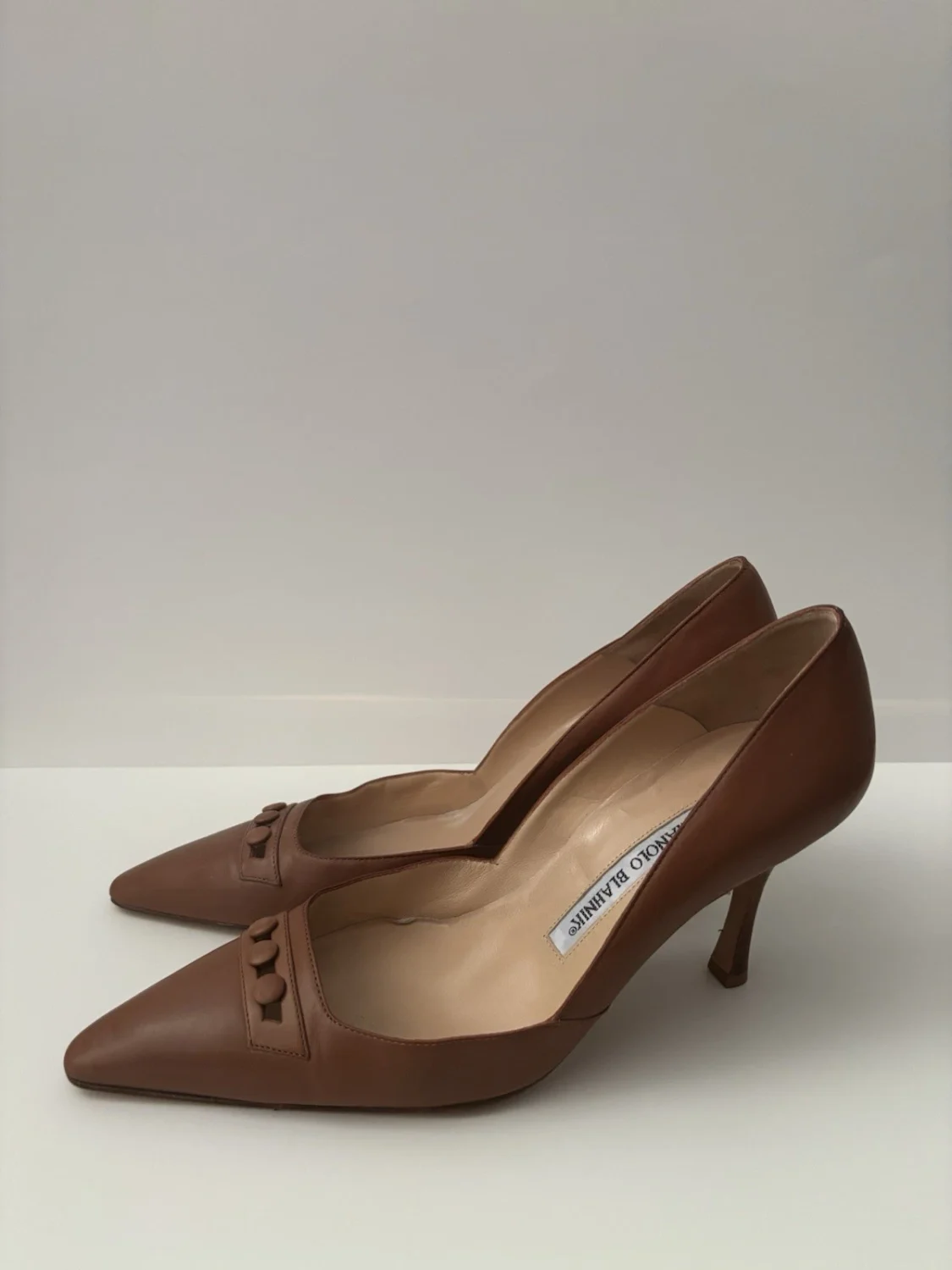 复古 Manolo Blahnik 乐福鞋高跟鞋皮革纽扣尖头 37.5 US 7.5 Y2K-