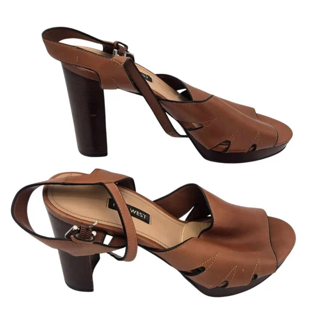 Nine West Delilah 露趾可调节扣棕色踝带高跟鞋 9.5 码-
