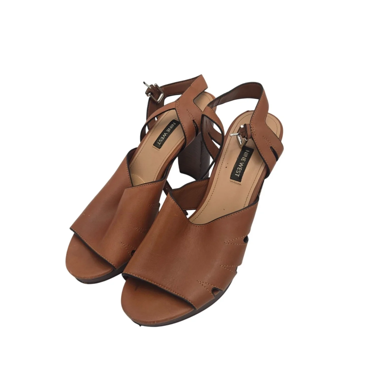 Nine West Delilah 露趾可调节扣棕色踝带高跟鞋 9.5 码-