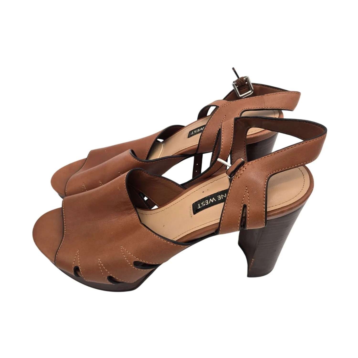 Nine West Delilah 露趾可调节扣棕色踝带高跟鞋 9.5 码-
