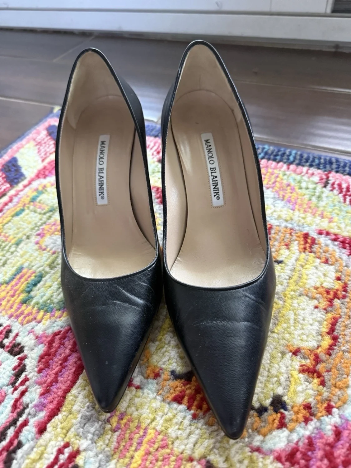Manolo Blahnik 黑色皮革尖头细高跟鞋懒人鞋 US 7.5-