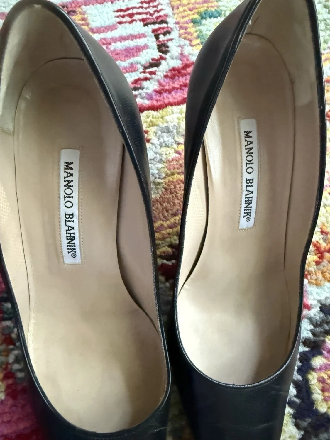 Manolo Blahnik 黑色皮革尖头细高跟鞋懒人鞋 US 7.5-