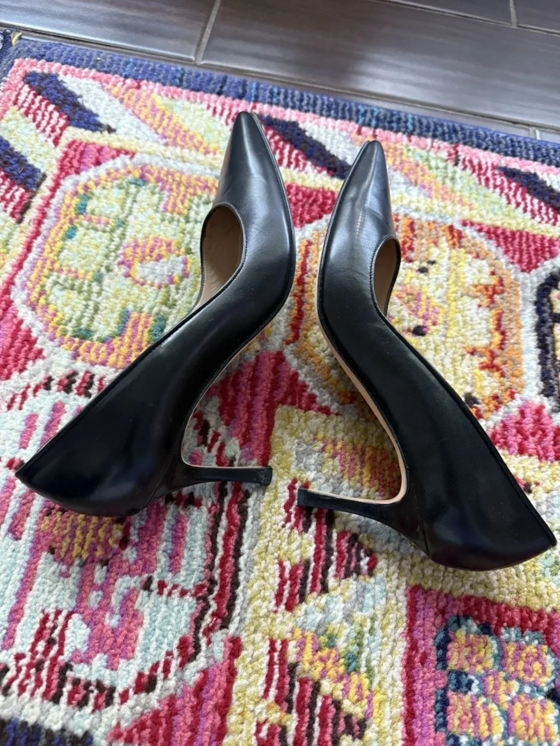Manolo Blahnik 黑色皮革尖头细高跟鞋懒人鞋 US 7.5-