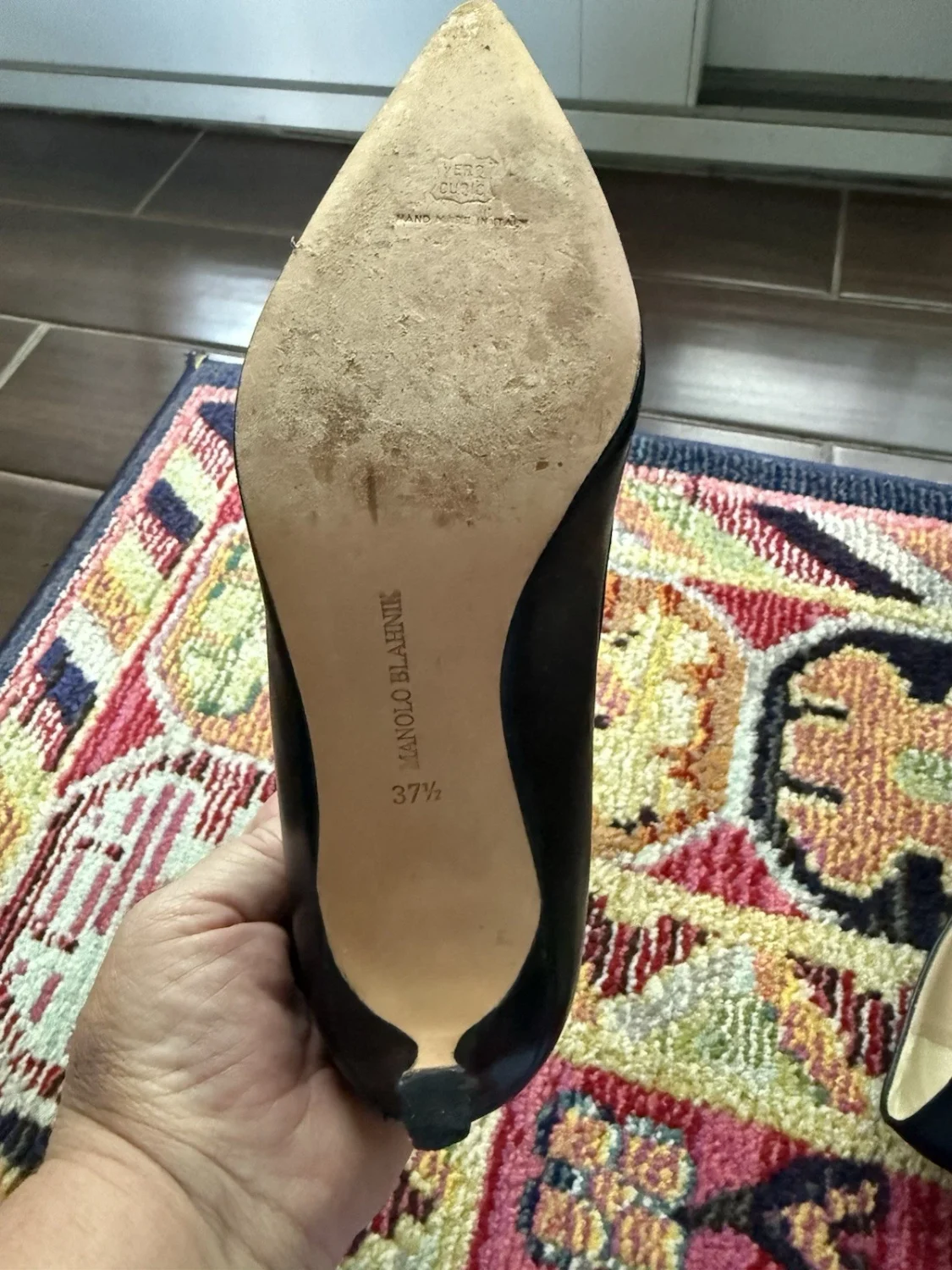 Manolo Blahnik 黑色皮革尖头细高跟鞋懒人鞋 US 7.5-