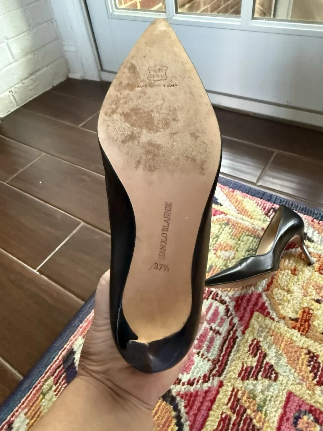 Manolo Blahnik 黑色皮革尖头细高跟鞋懒人鞋 US 7.5-