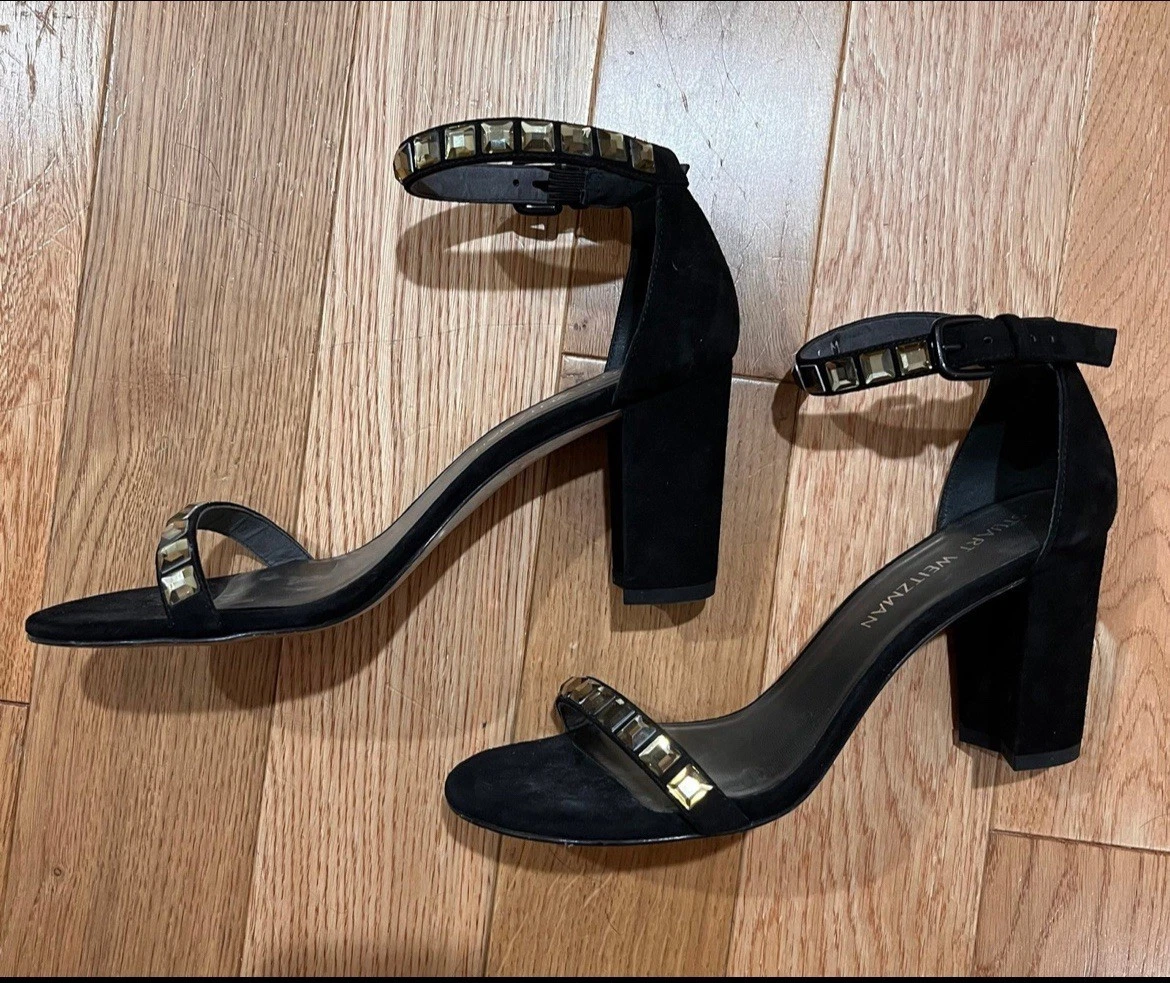 STUART WEITZMAN 'NearlyNude' 踝带黑色麂皮绒高跟鞋女式 8M 码-
