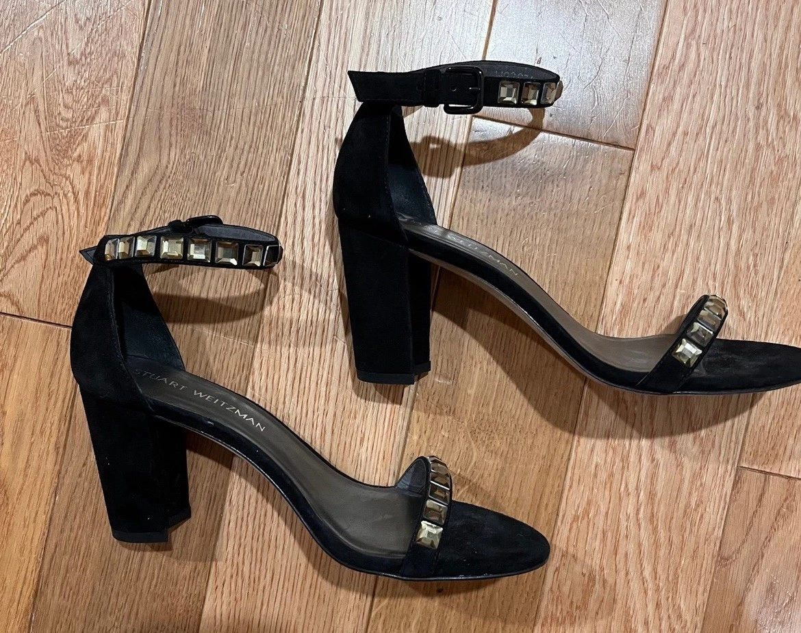 STUART WEITZMAN 'NearlyNude' 踝带黑色麂皮绒高跟鞋女式 8M 码-