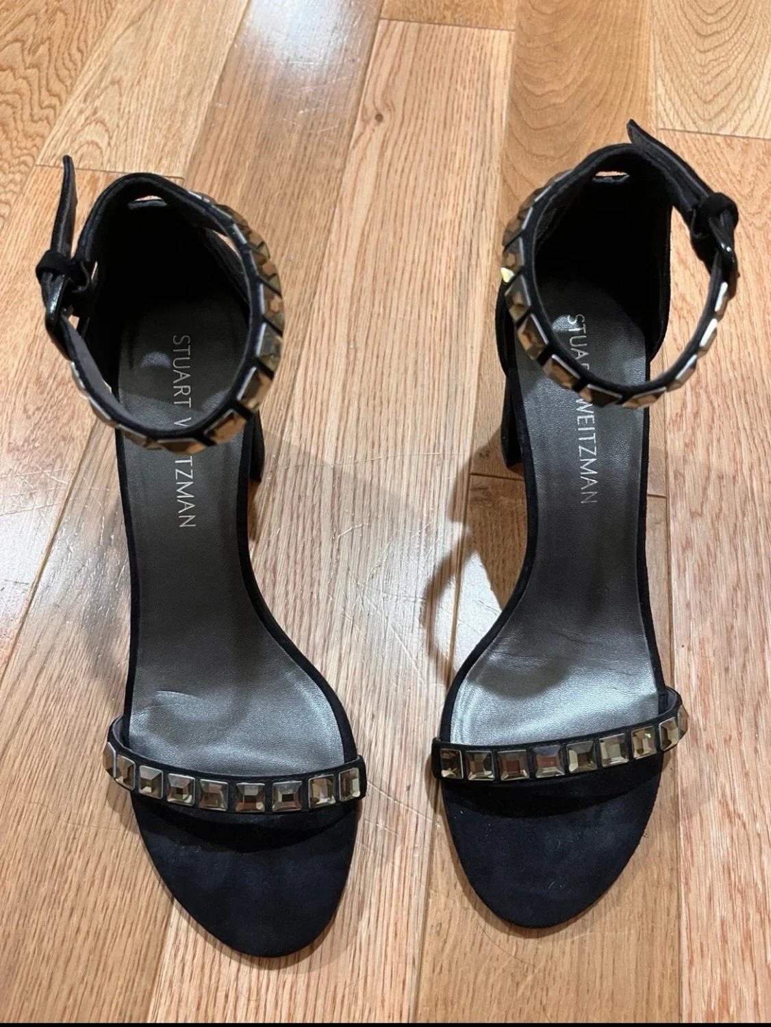 STUART WEITZMAN 'NearlyNude' 踝带黑色麂皮绒高跟鞋女式 8M 码-