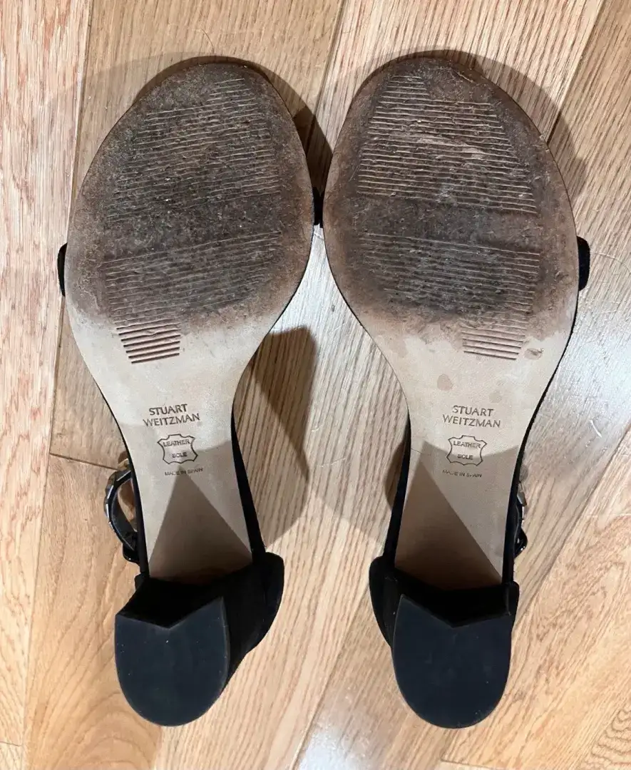 STUART WEITZMAN 'NearlyNude' 踝带黑色麂皮绒高跟鞋女式 8M 码-