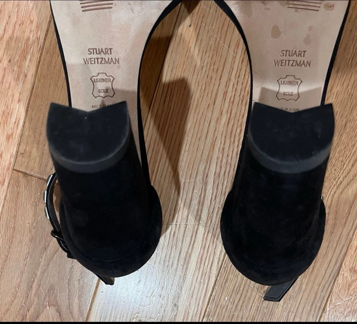 STUART WEITZMAN 'NearlyNude' 踝带黑色麂皮绒高跟鞋女式 8M 码-