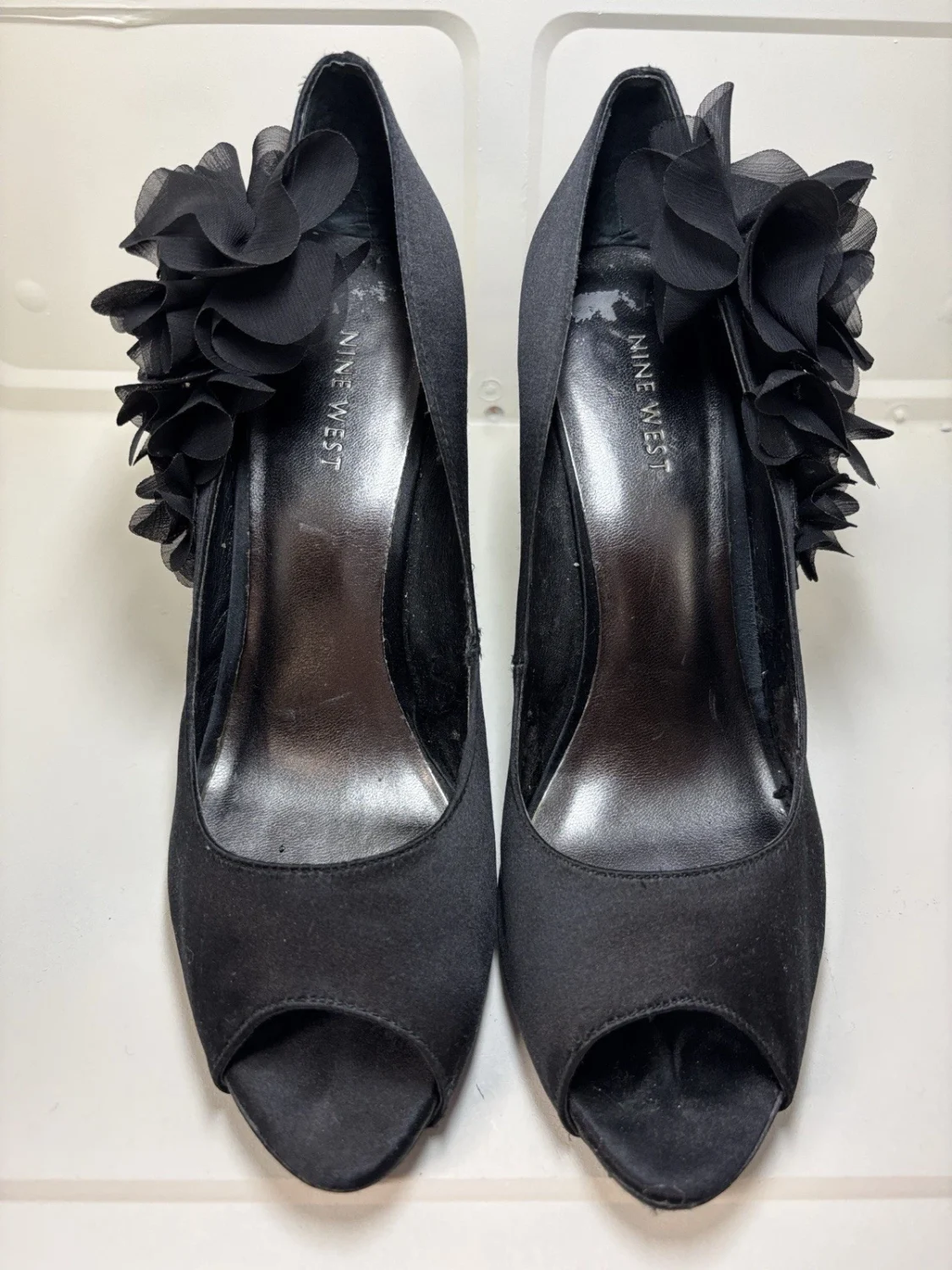Nine West Black Floral Peep-Toe Pumps with Fabric Rosette