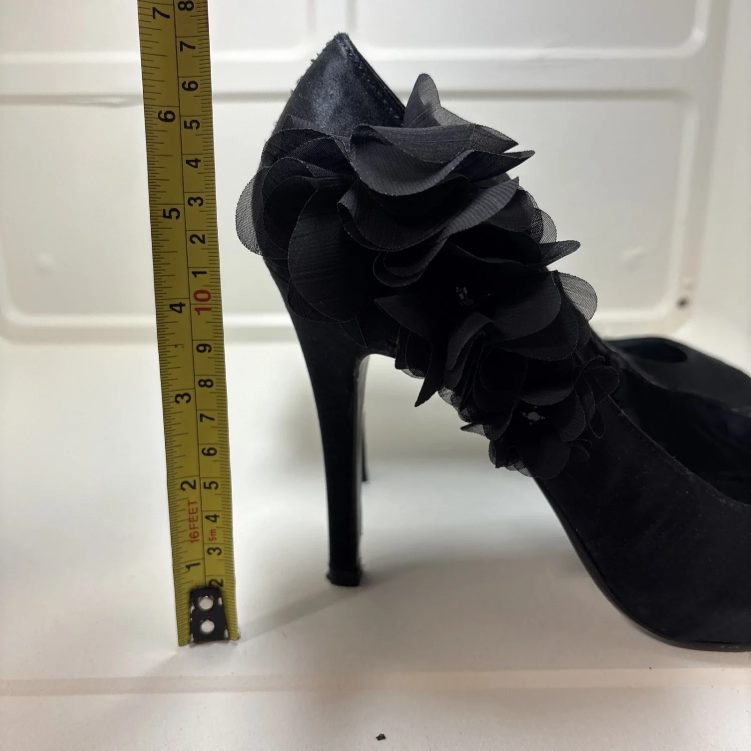 Nine West Black Floral Peep-Toe Pumps with Fabric Rosette