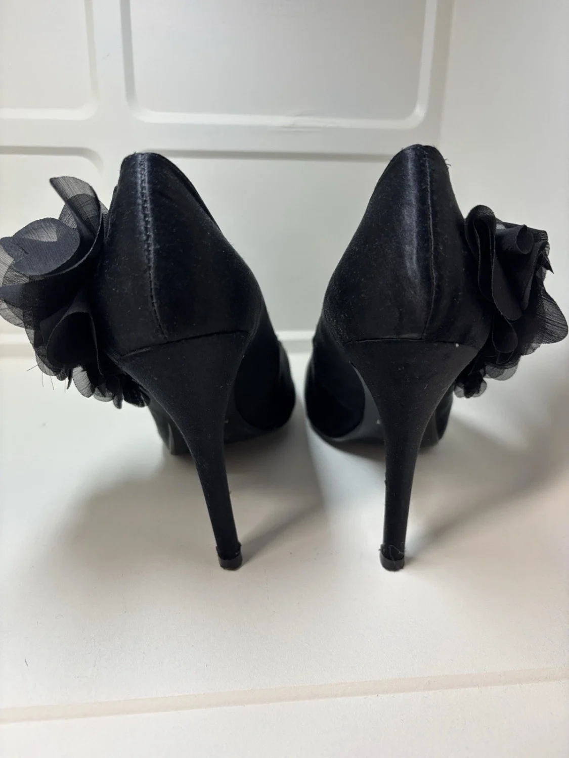 Nine West Black Floral Peep-Toe Pumps with Fabric Rosette