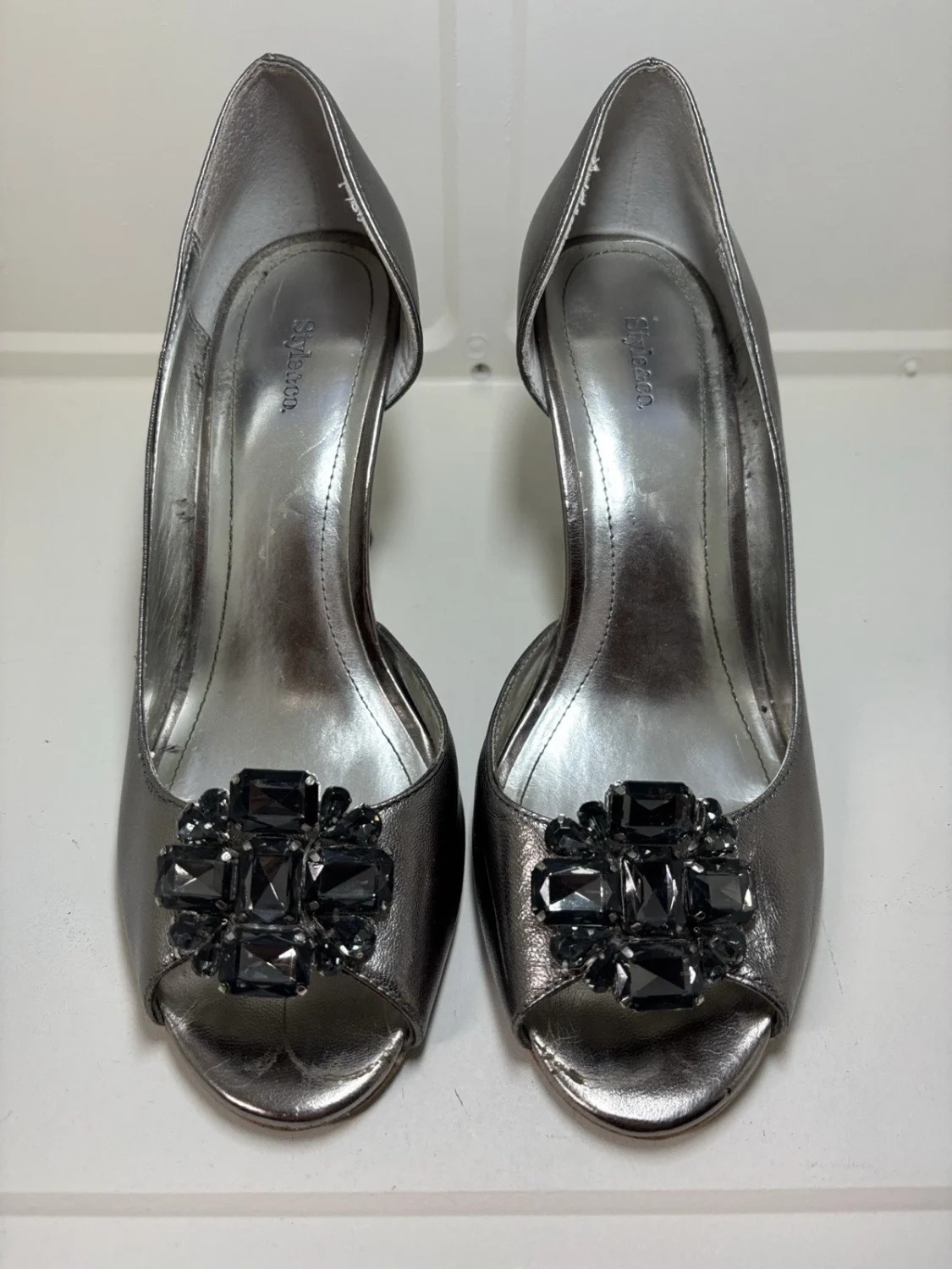 Style & Co. Metallic Silver Gem-Plaque Peep-Toe Heels