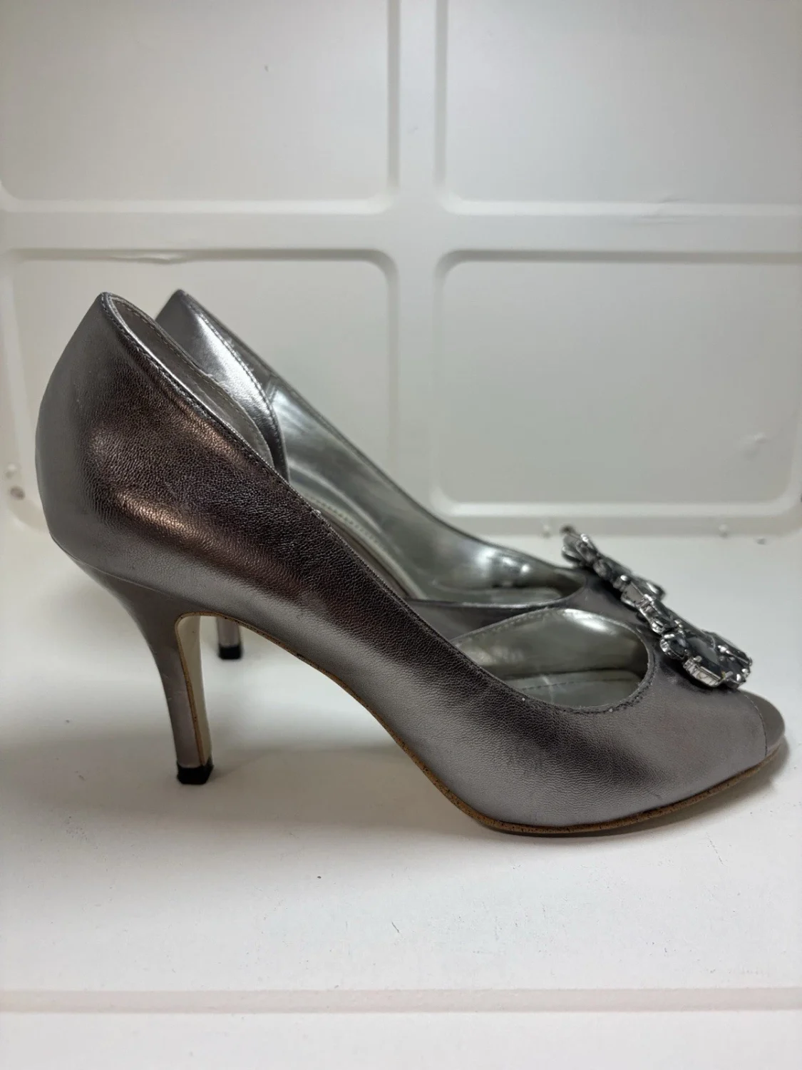 Style & Co. Metallic Silver Gem-Plaque Peep-Toe Heels