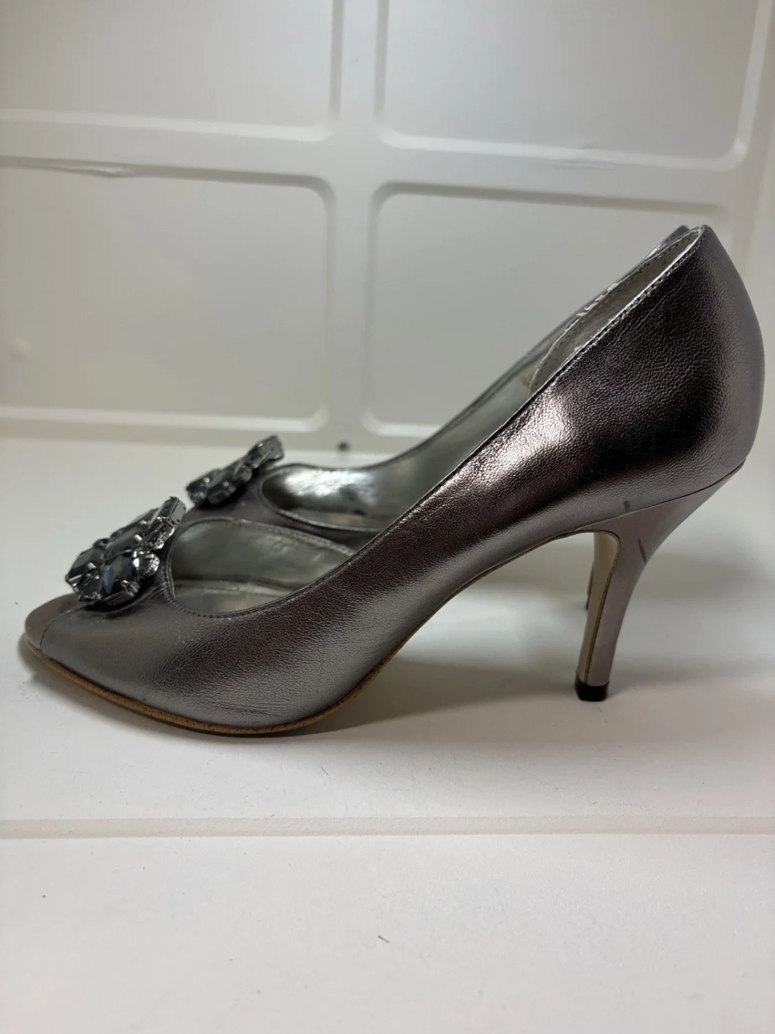 Style & Co. Metallic Silver Gem-Plaque Peep-Toe Heels