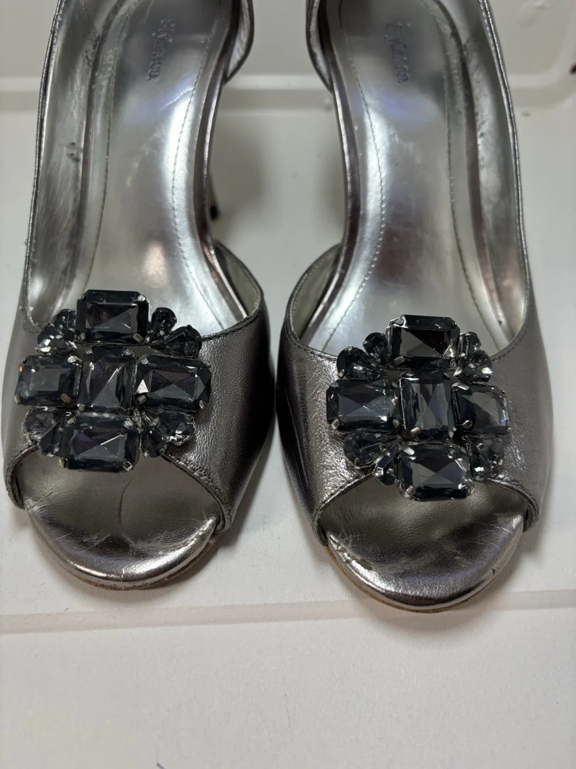 Style & Co. Metallic Silver Gem-Plaque Peep-Toe Heels